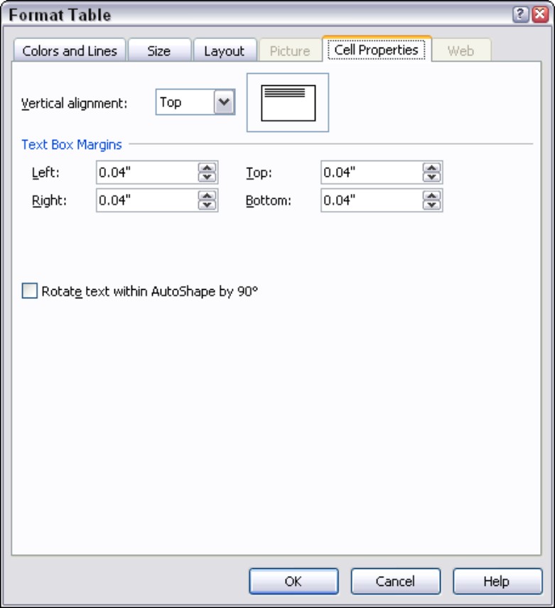 Figure 6-17: The Cell Properties tab of the Format Table dialog box.